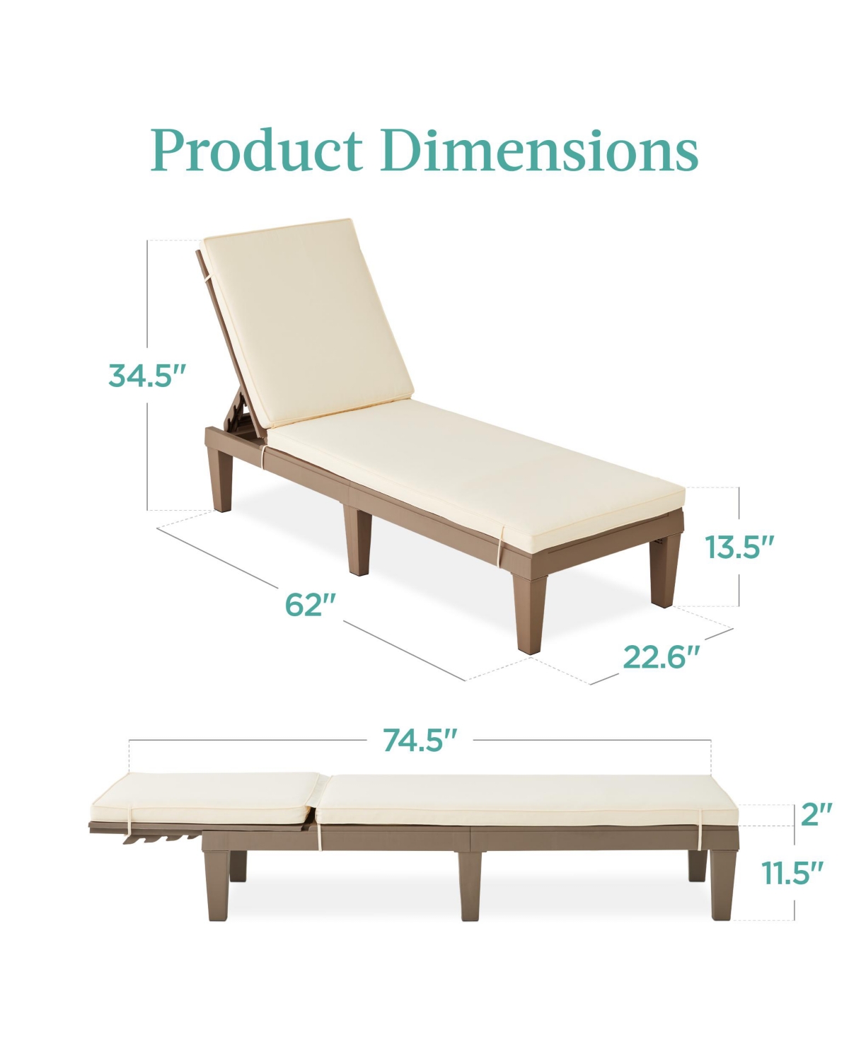 Best Choice Products Outdoor Lounge Chair, Resin Patio Chaise Lounger w/ Seat Cushion, 5 Positions -ivory