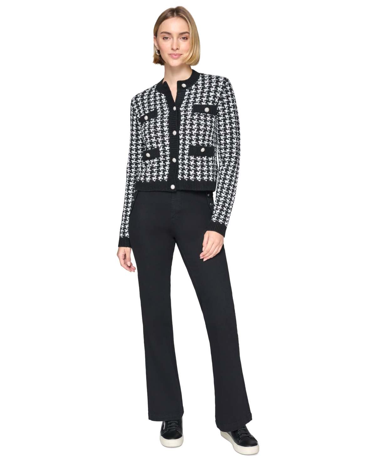 Karl Lagerfeld Paris Women's Houndstooth Cardigan - Black  Soft White