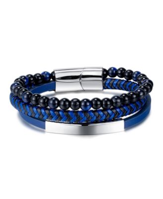 Blue Beaded Plated Leather Stainless Steel Bracelet