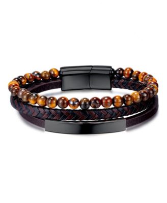 Black Tigers Eye Black Plated Leather Stainless Steel Bracelet