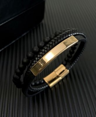Gold Identification Leather Stainless Steel Bracelet