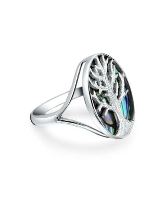 Large Statement Oval Rainbow Abalone Shell Earth Nature Family Wishing Tree Of Life Ring .925 Sterling Silver