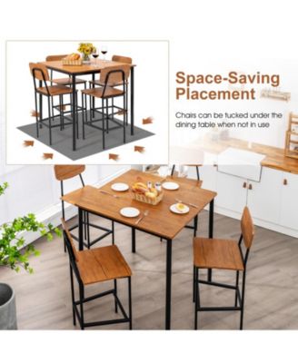 5-Piece Industrial Dining Table Set with Counter Height Table and 4 Bar Stools-Walnut