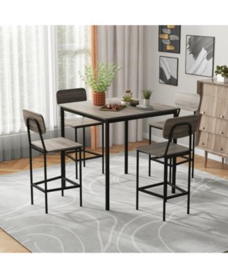 5-Piece Industrial Dining Table Set with Counter Height Table and 4 Bar Stools-Walnut