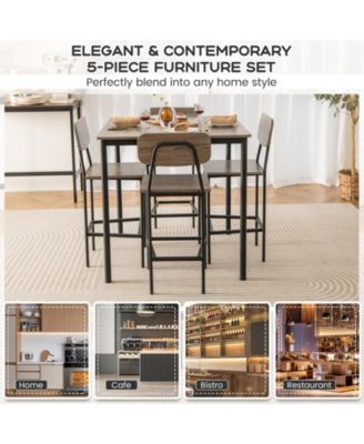 5-Piece Industrial Dining Table Set with Counter Height Table and 4 Bar Stools-Walnut