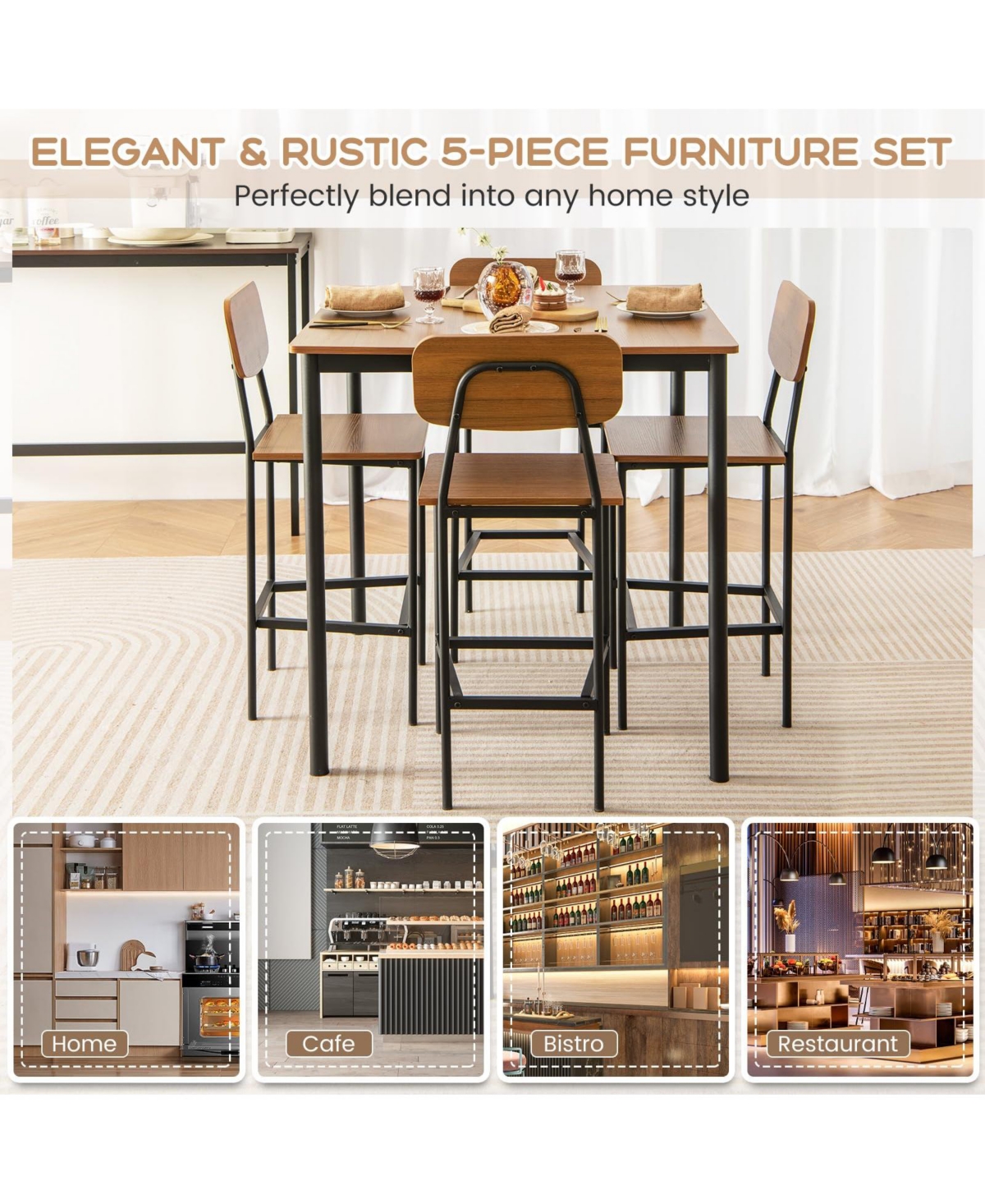 Sugift 5 Pieces Industrial Dining Table Set with Counter Height Table and 4 Bar Stools-Dark Brown