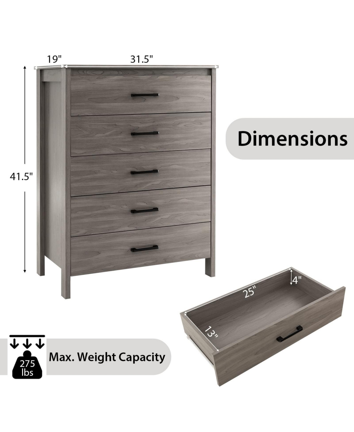 Modern 5-Drawer Multipurpose Chest Dresser with Metal Handles