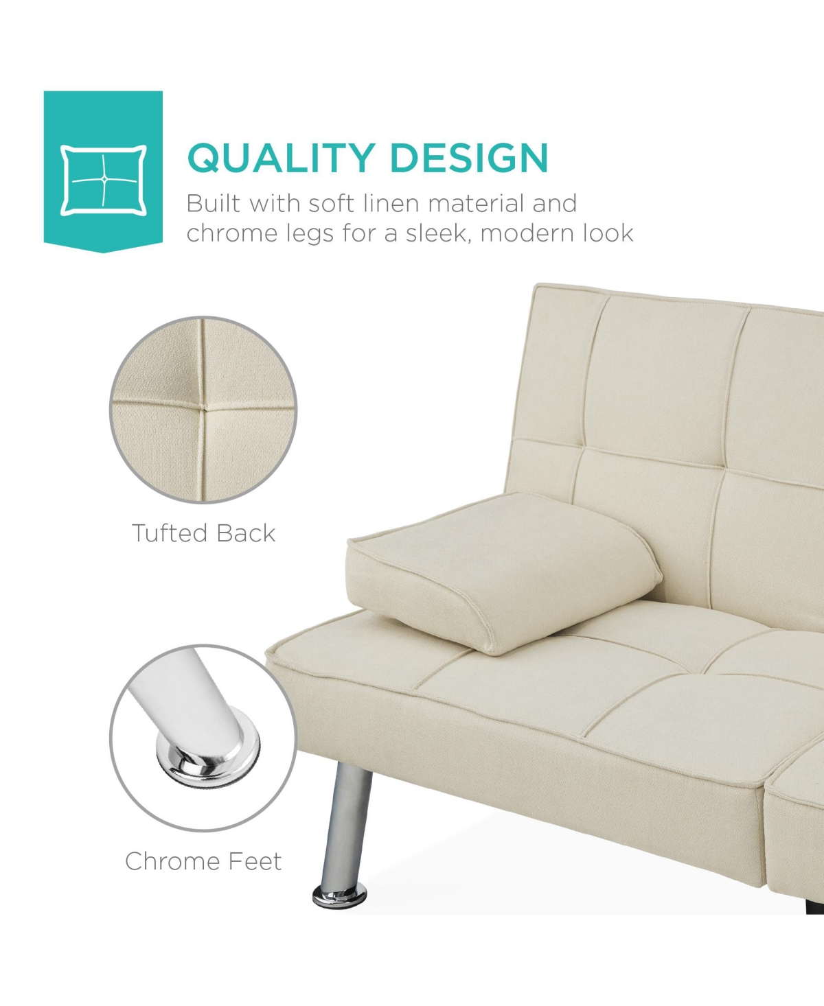 Best Choice Products Modern Linen Convertible Futon Sofa Bed w/ Removable Armrests, Metal Legs, Cupholders
