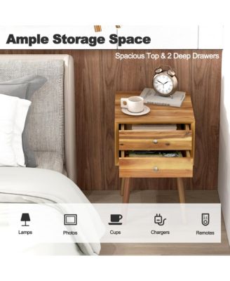 2PCS Wooden Nightstand Mid-Century End Side Table W/2 Storage Drawers