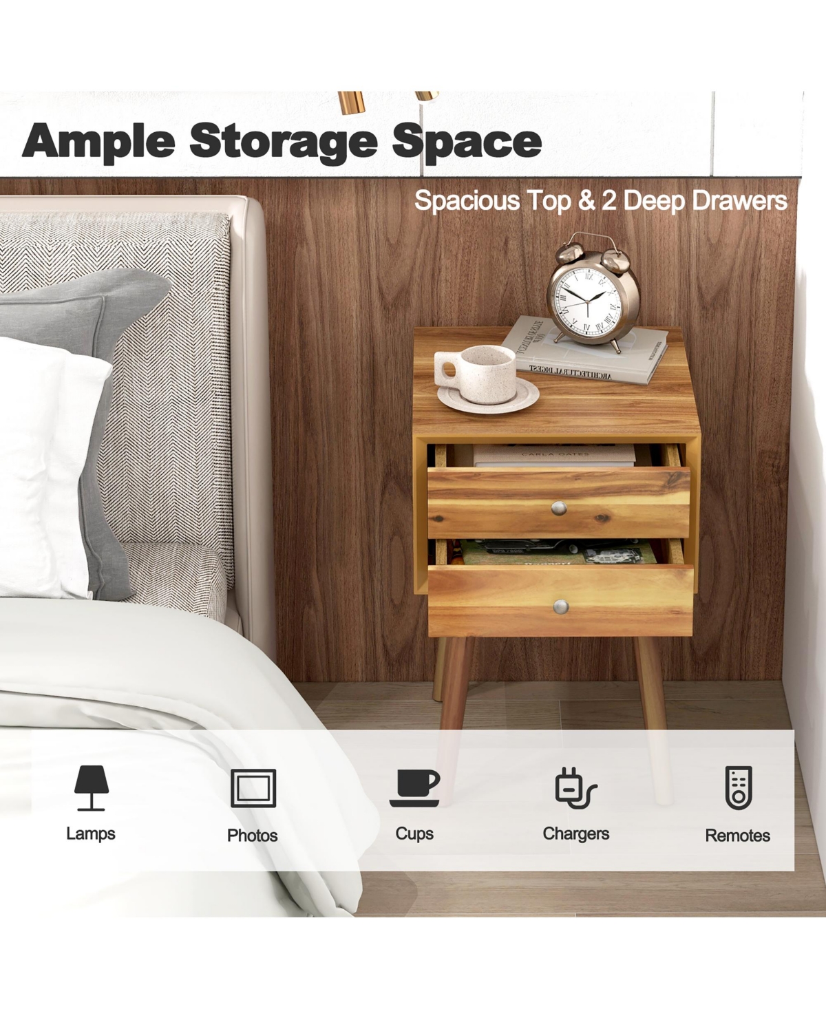 Gymax 2PCS Wooden Nightstand Mid-Century End Side Table W/2 Storage Drawers- Natural