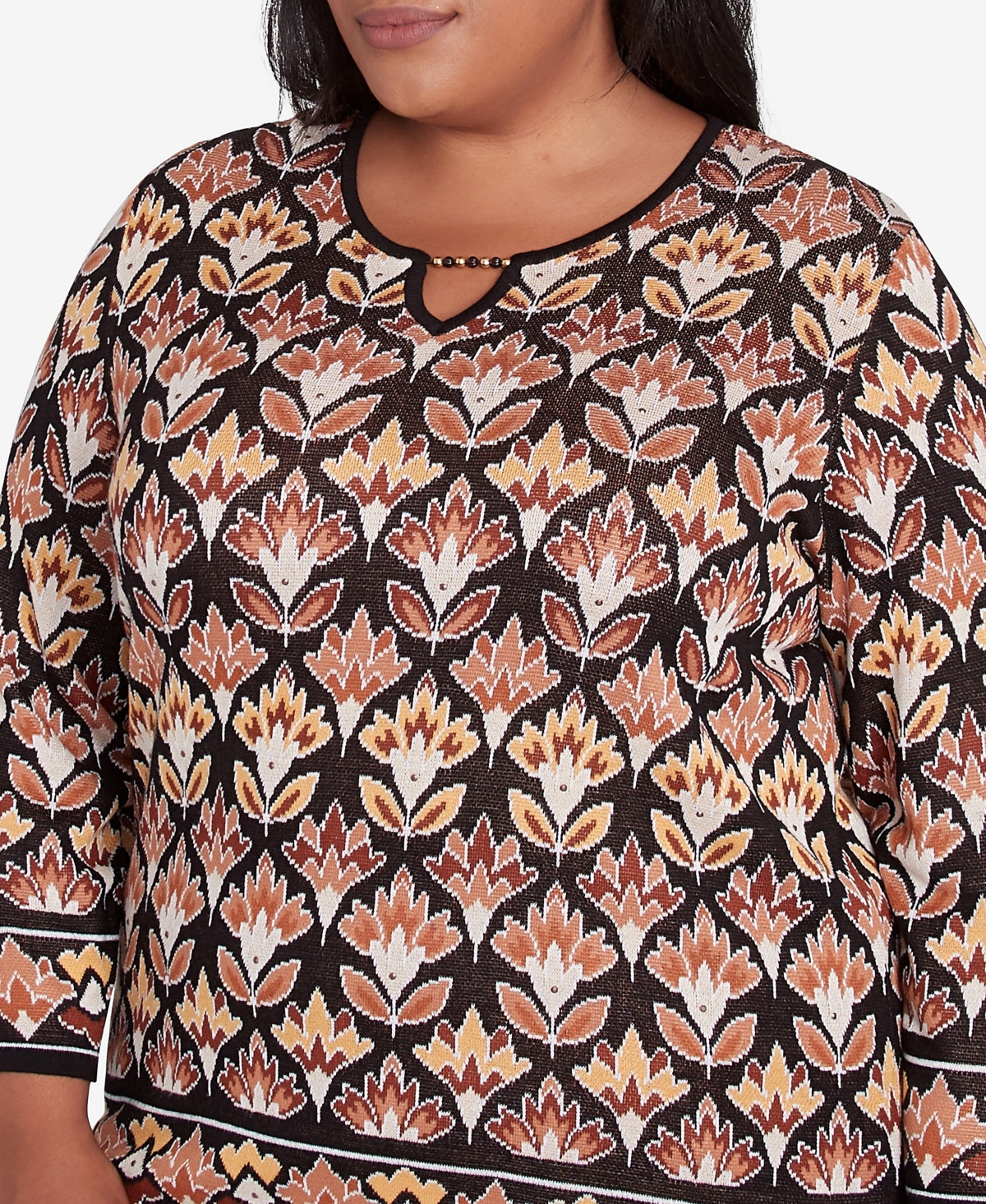 Alfred Dunner Plus Size Rue Rivoli Medallion Beaded Split Neck Sweater In Neutral Multi