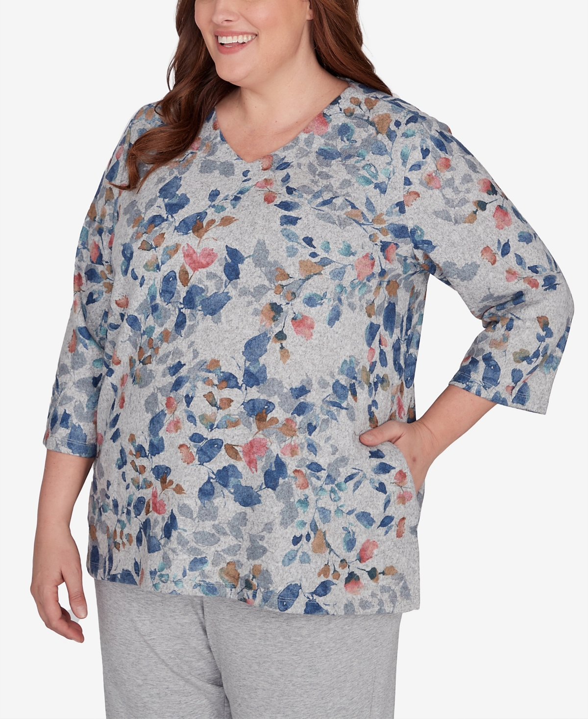 Alfred Dunner Plus Size Casual Fridays Watercolor Leaves V-Neck Top