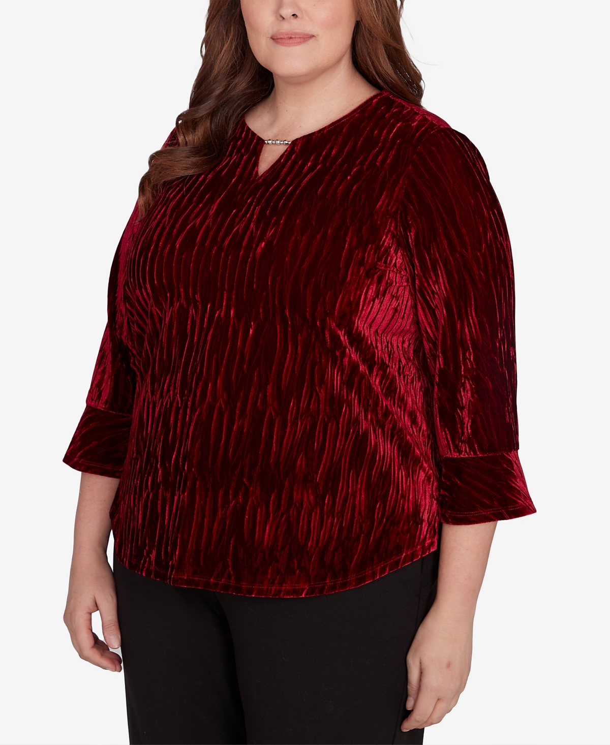 Alfred Dunner Plus Size Runway Ready Crushed Velvet Beaded Split Neck Top