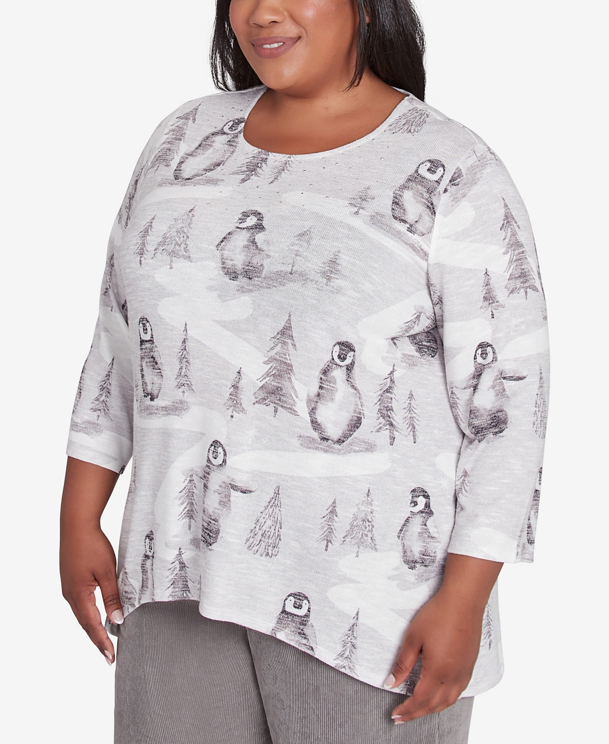 Alfred Dunner Plus Size Copenhagen Penguin Field Crew Neck Top In Grey Multi