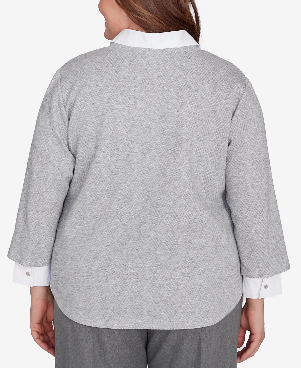 Alfred Dunner Plus Size Copenhagen Soft Collared Two In One Top With Necklace In Pewter