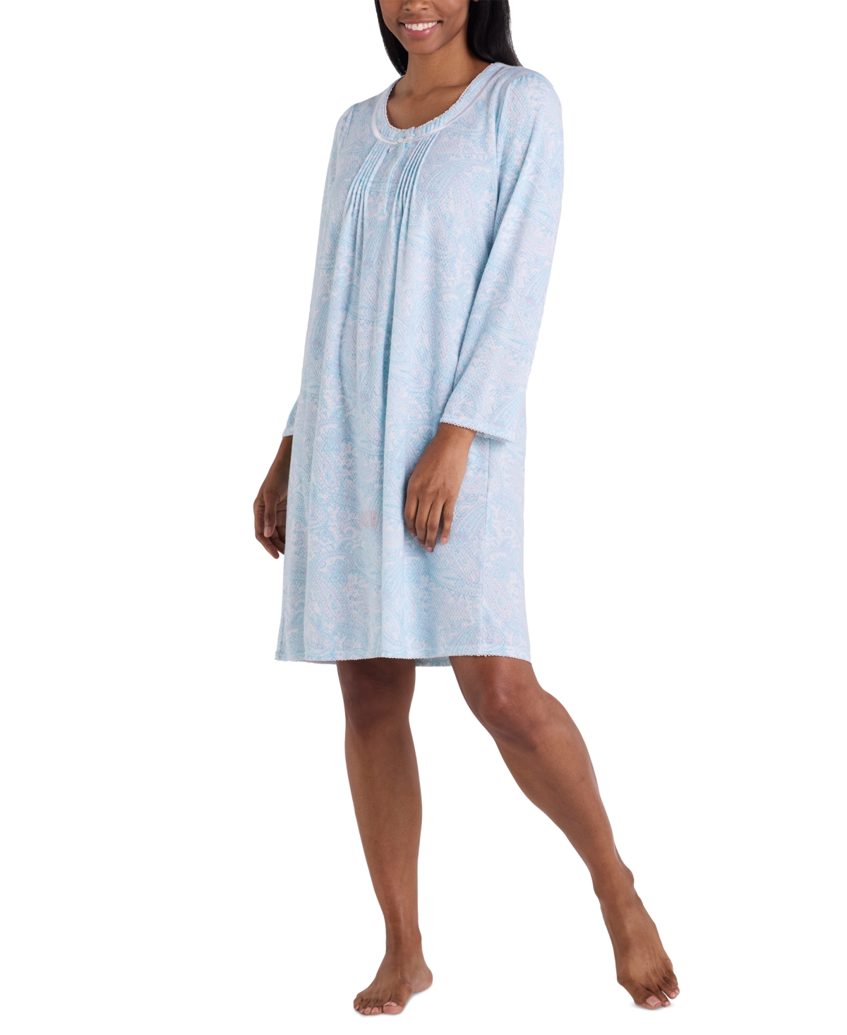 Women's Lace-Trim Shirred Nightgown - Aqua Paisley