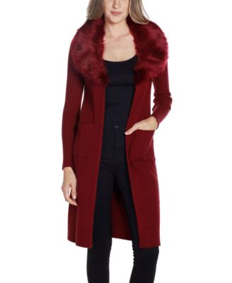 Black Label Women's Ribbed Faux-Fur Collar Duster Cardigan Sweater