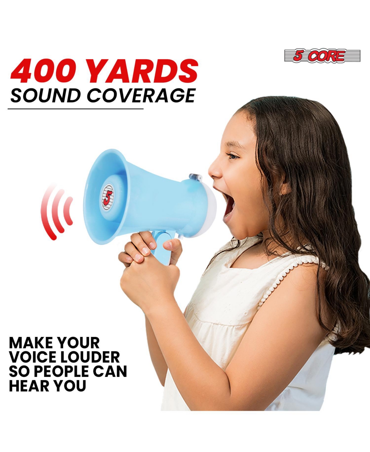 5 Core Megaphone Bullhorn Speaker 15W Mini Battery Power Bull horn w Siren Range -- Sky blue