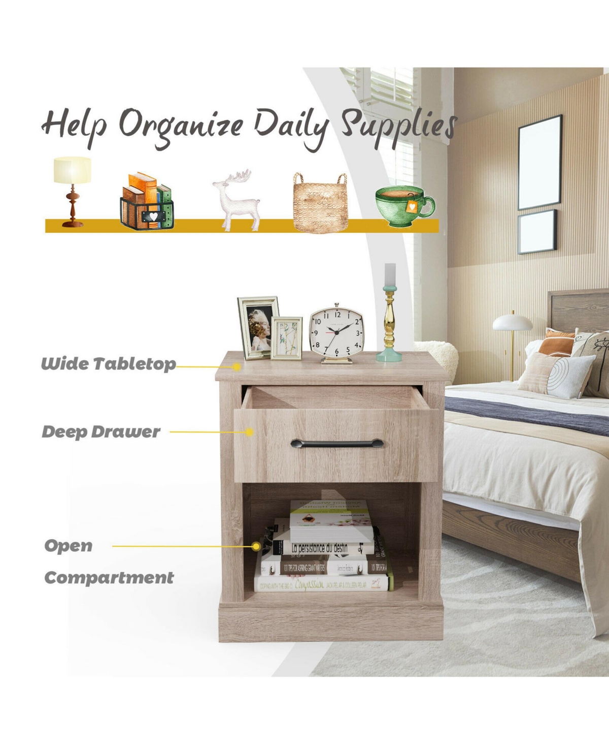 Gymax Nightstand with Drawer and Shelf Rustic Wooden Bedside Table Bedroom Brown