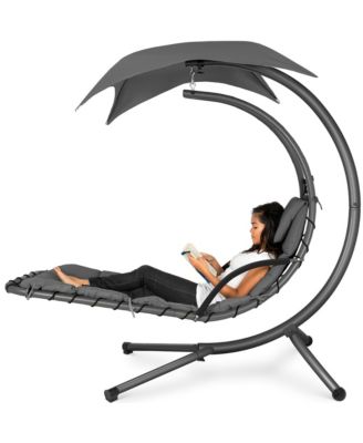 Hanging Curved Chaise Lounge Chair Swing for Backyard, Patio w/ Pillow, Shade, Stand