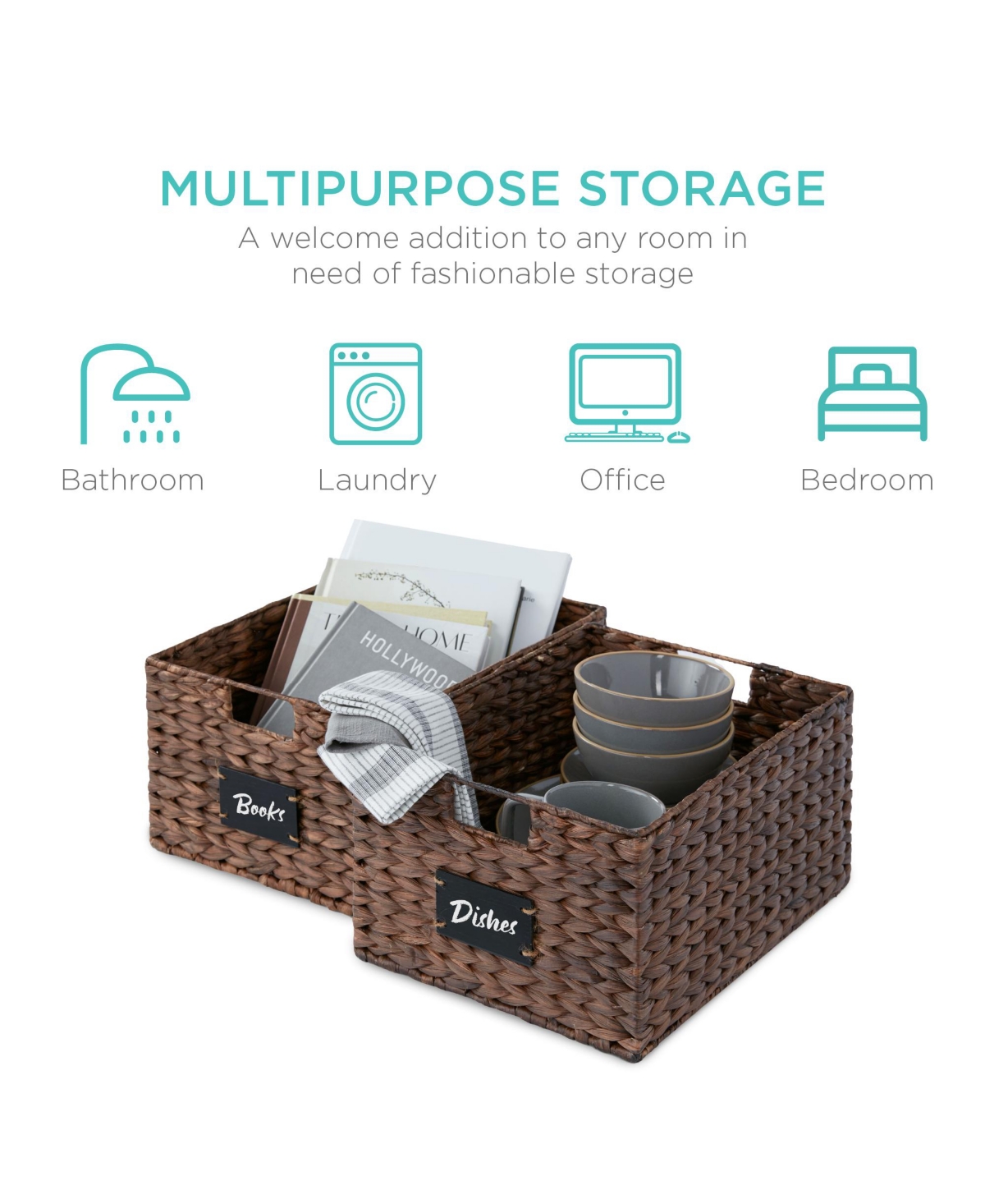 Best Choice Products Set of 2 Woven Water Hyacinth Pantry Baskets w/ Chalkboard Label, Chalk Marker