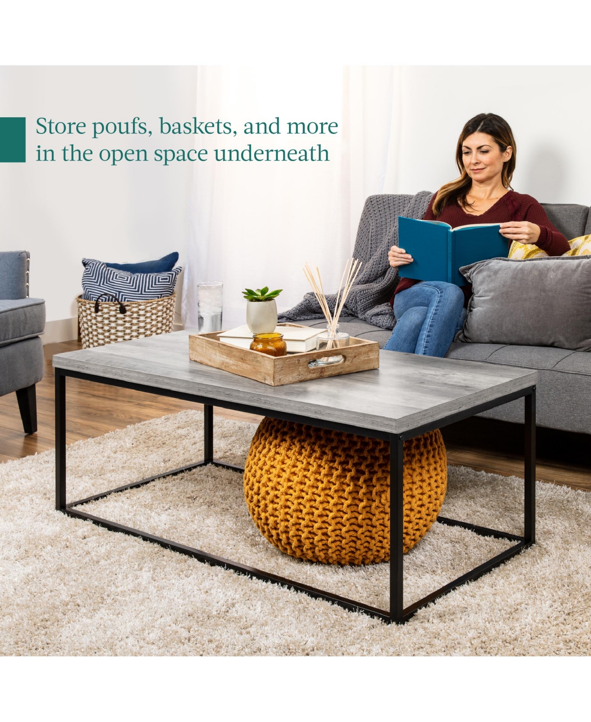 Best Choice Products 44in Rustic Modern Industrial Style Rectangular Wood Grain Top Coffee Table w/ 1.25in Top