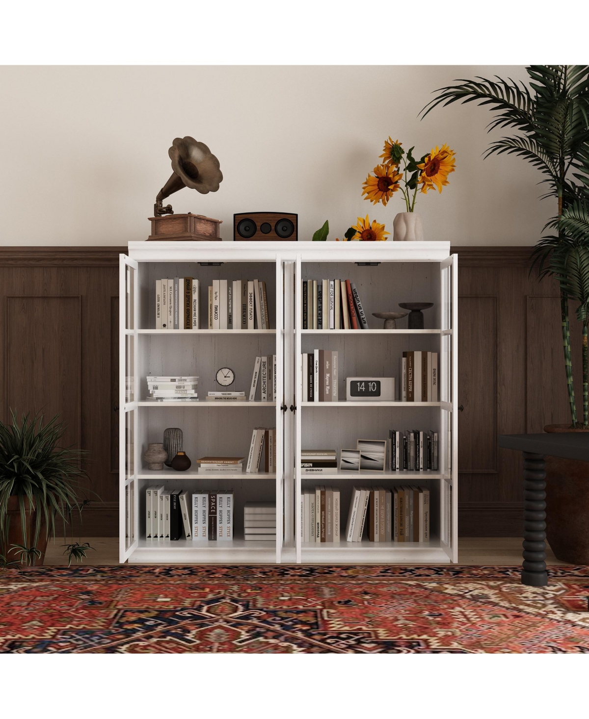 Famapy Black Wood Bookcase Storage Cabinet With Tempered Glass Doors