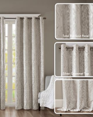 Mirage Knitted Jacquard Damask Total blackout curtains for bedroom, Silver grommet top fit up to 1.25 inches rod Single Curtain Panel for Living Room, Width 50 length 84 inches, Pitch Black Ambiance Charcoal 1 Window Panel