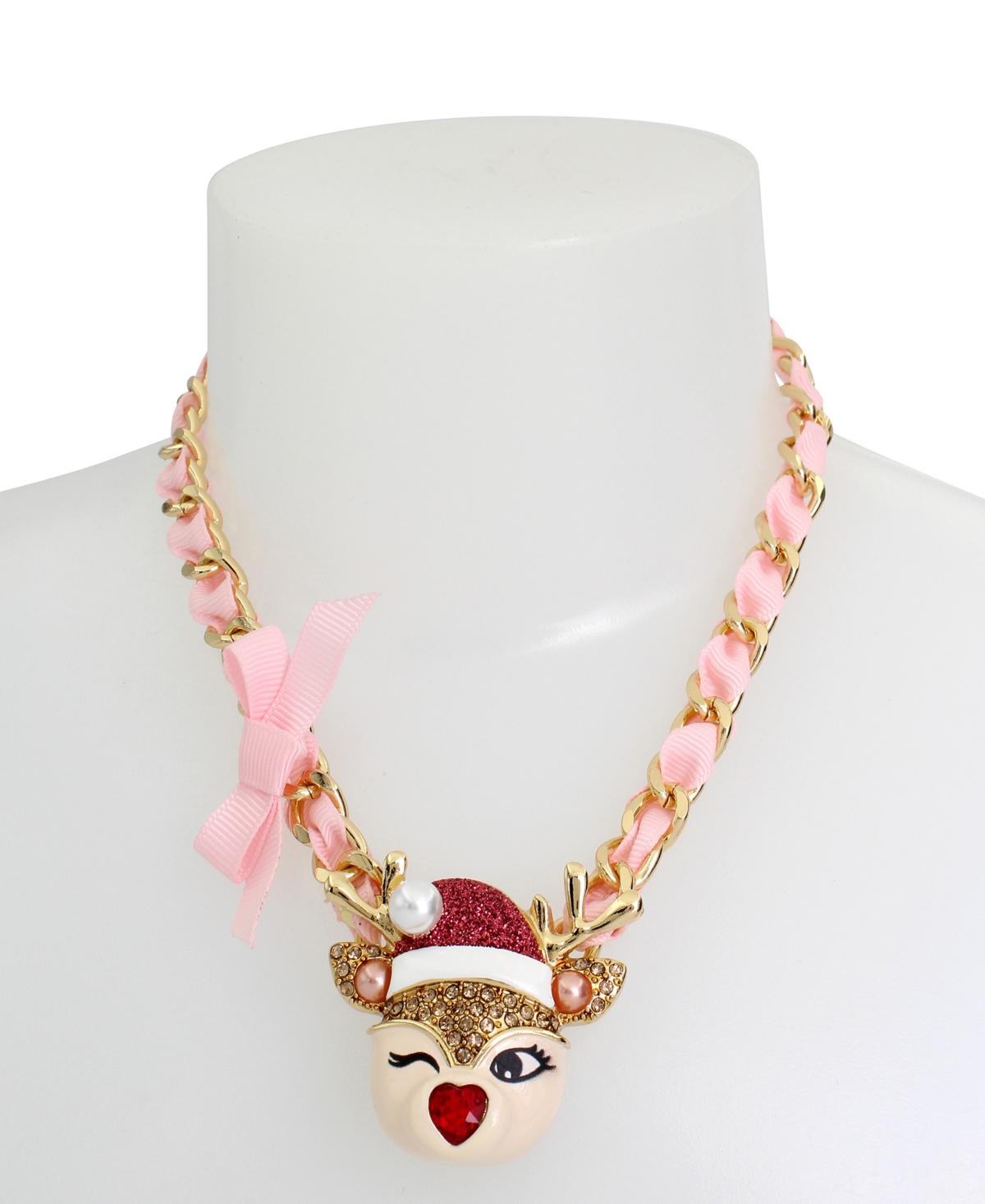 Betsey Johnson Faux Stone Jingle Bell Bling Christmas Reindeer Pendant Necklace -Gold