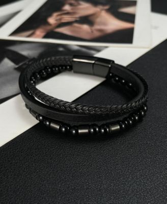Leather Black Beaded Stainless Steel Bracelet