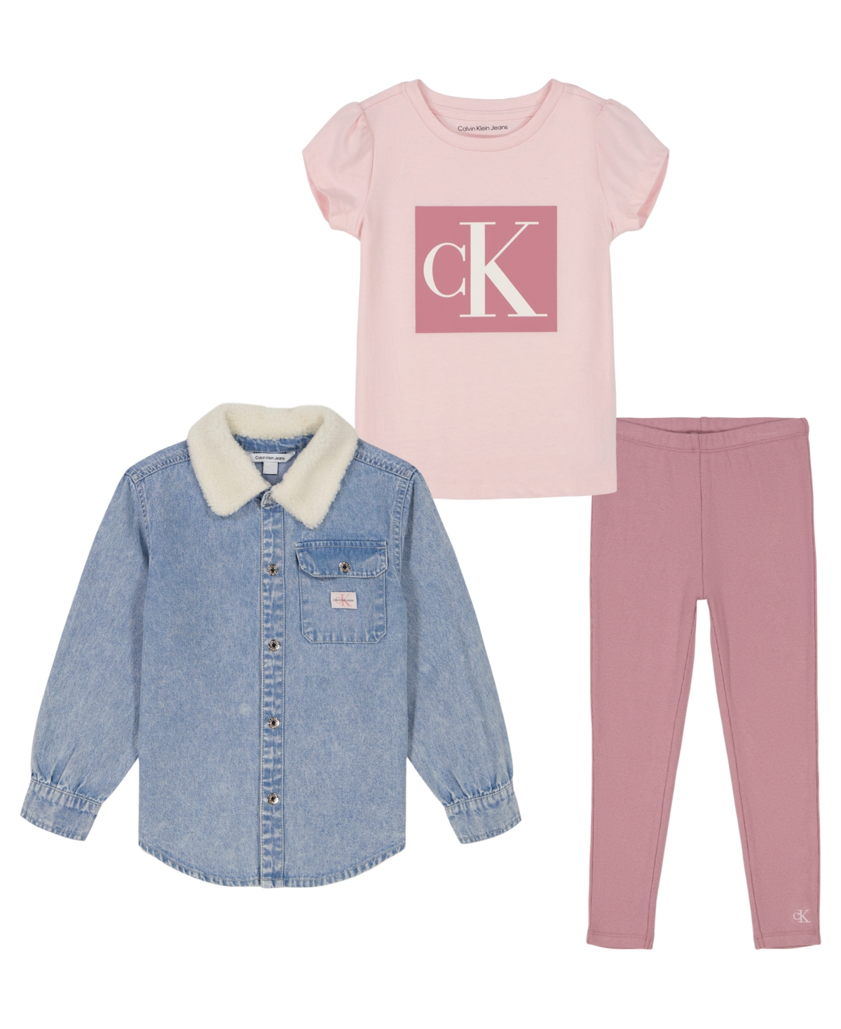 CALVIN KLEIN TODDLER AND LITTLE GIRLS SHERPA-TRIM DENIM SHACKET, SHORT SLEEVE MONOGRAM TEE RIBBED LEGGINGS, 3-PIE 