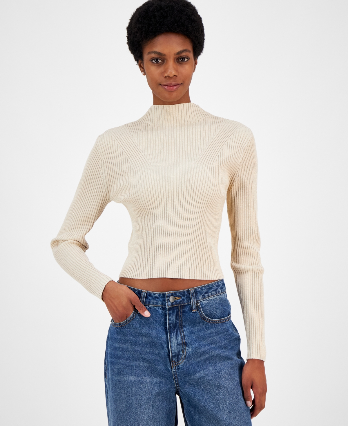 Juniors' Metallic Ribbed Mock-Neck Sweater - Irish Cream