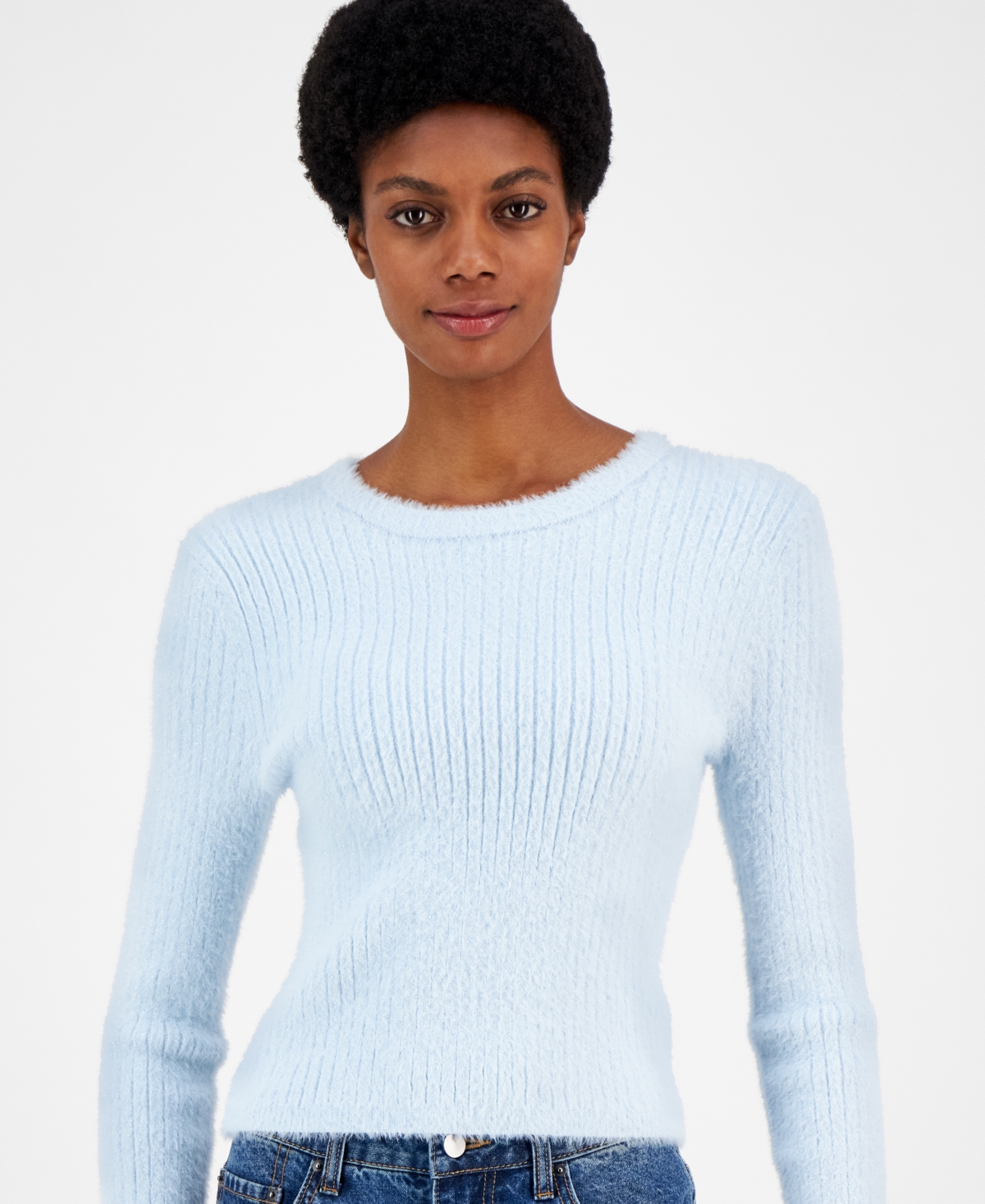 Juniors' Lurex Eyelash Crewneck Sweater - Nantucket Breeze