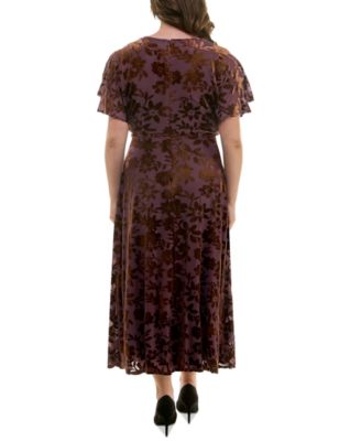 Taylor Plus Size Velvet-Burnout Flutter-Sleeve Dress