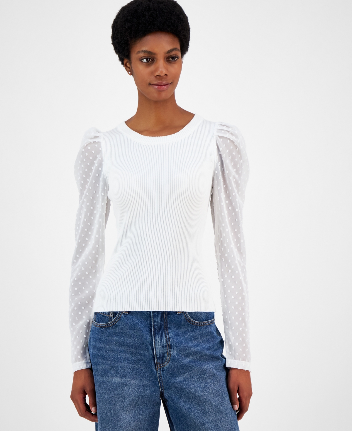 Juniors' Ribbed Clip-Dot Sleeve Sweater - Bright White