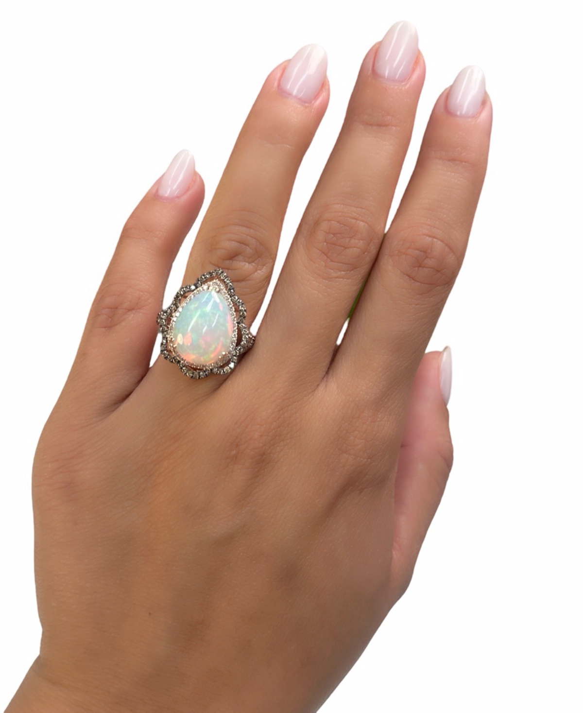 Le Vian Neopolitan Opal (4 ct. t.w.) & Diamond (3/4 ct. t.w.) Wavy Halo Pear Statement Ring in 14k(Also Available in 14K White Gold or 14k