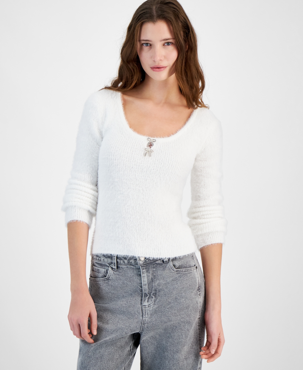 Planet Gold Juniors' Bow-trim Scoop-neck Fuzzy Eyelash Sweater In Bright White