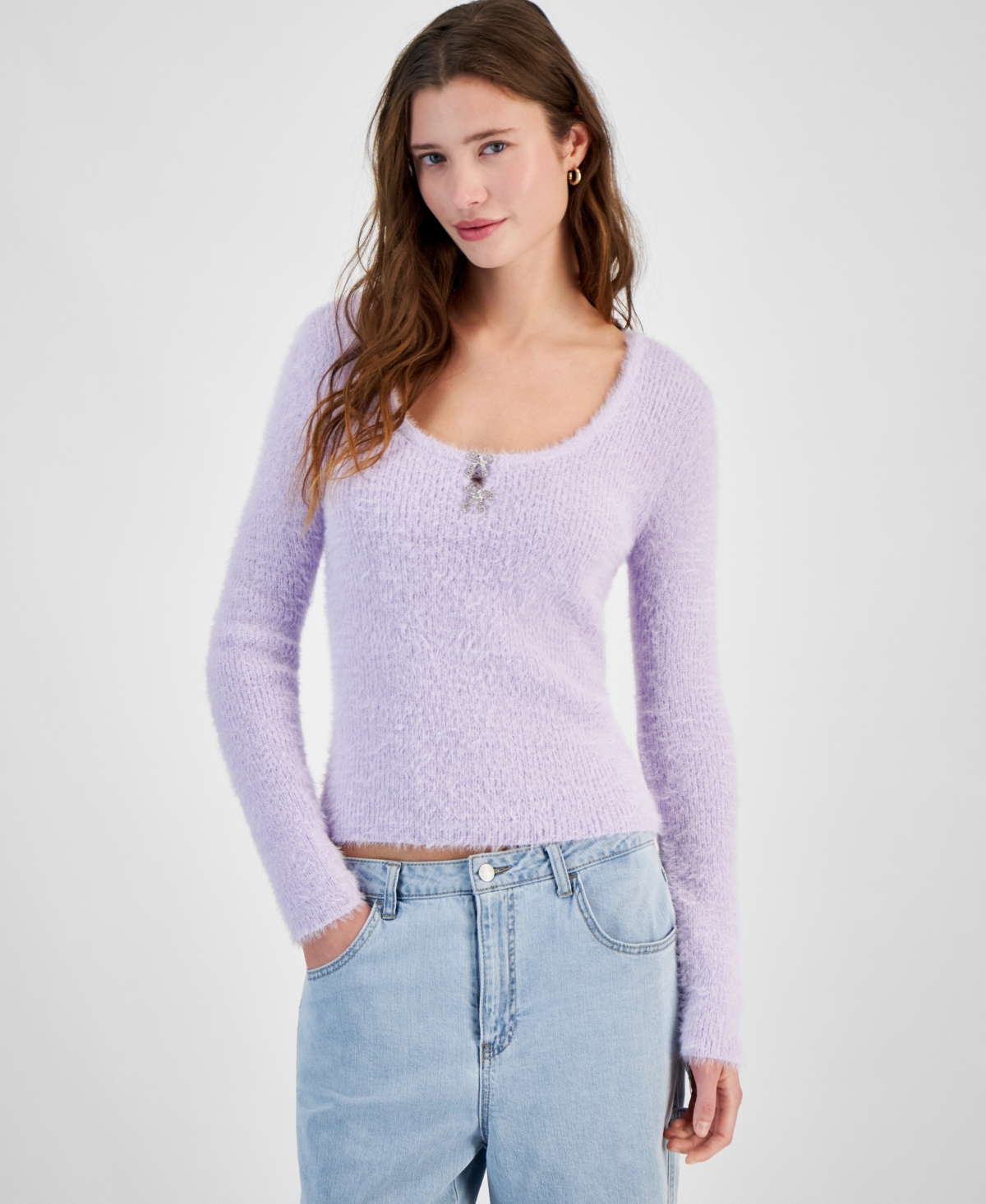Planet Gold Juniors' Bow-trim Scoop-neck Fuzzy Eyelash Sweater In Lavender Haze