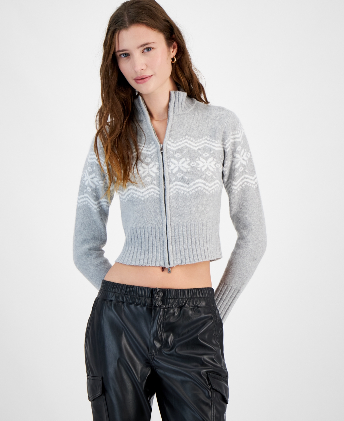Planet Heart Juniors' Fair Isle Zip-Front Sweater