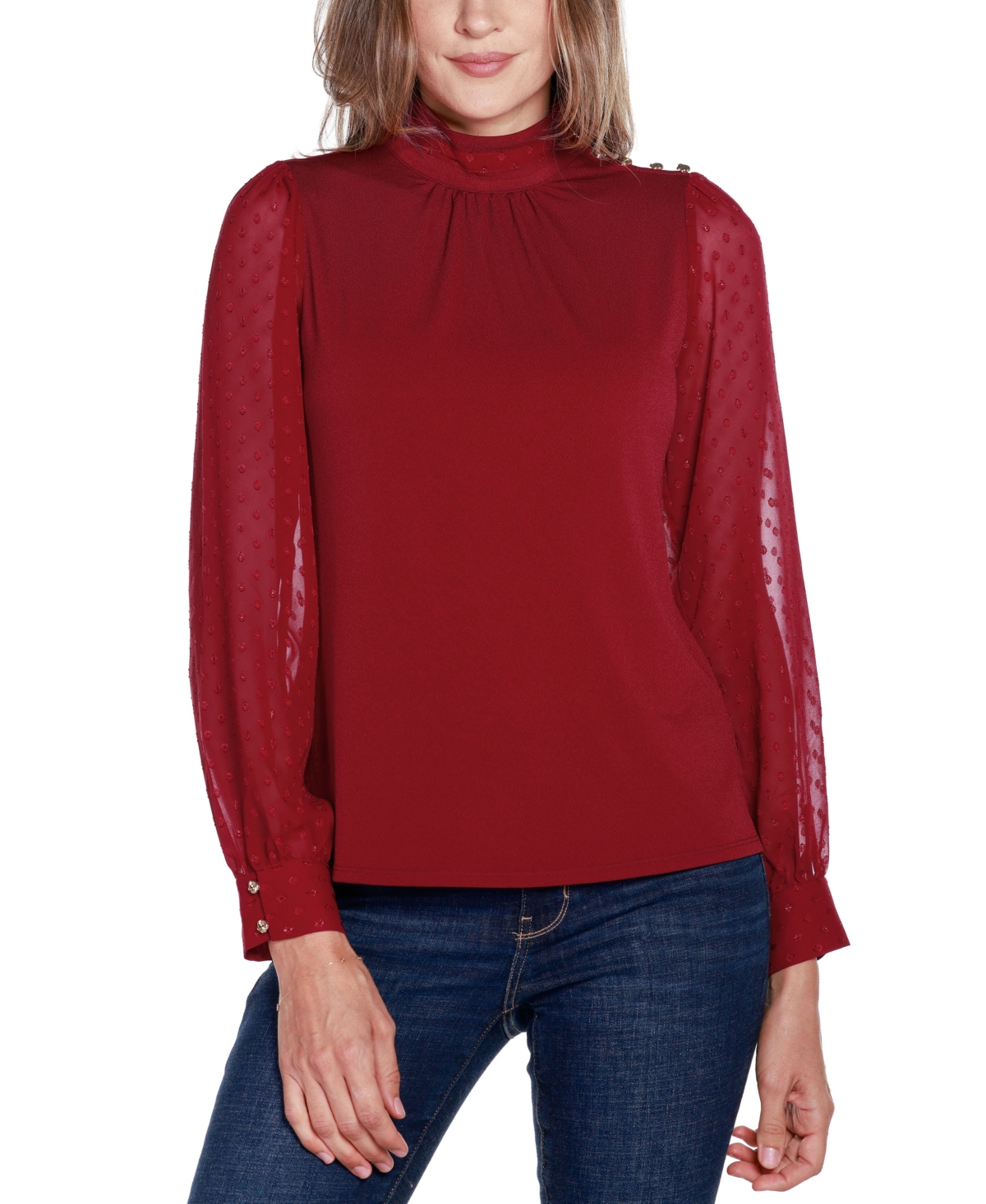 Belldini Women's Black Label Clip-Dot Chiffon Sleeve Knit Blouse -Gold