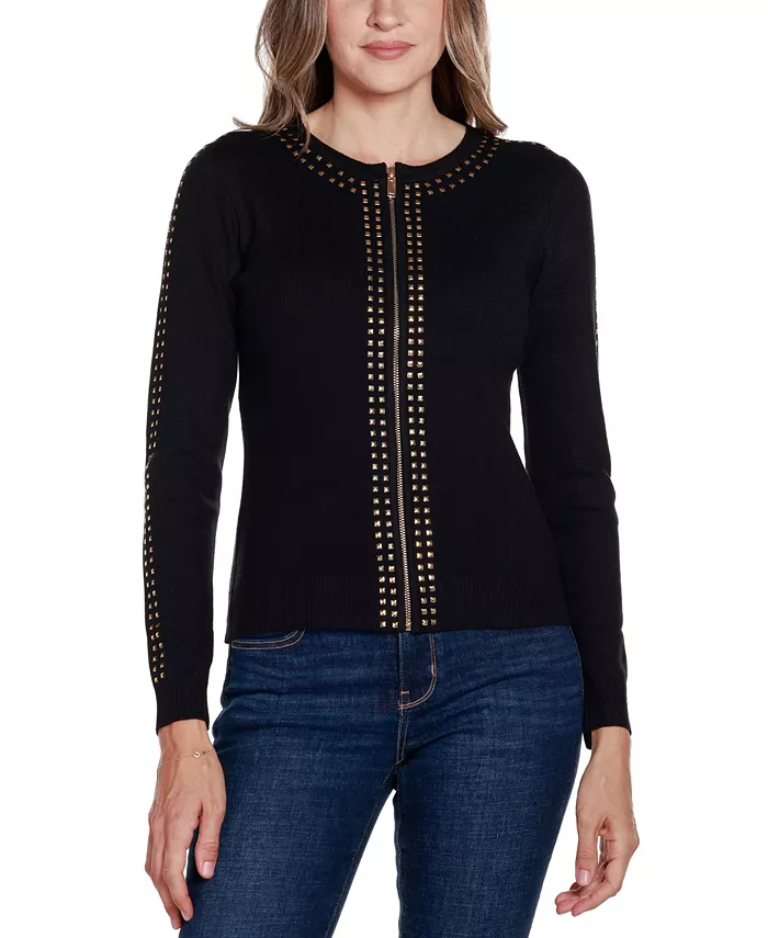 Women's Black Label Crewneck Embellished Zip Cardigan Sweater