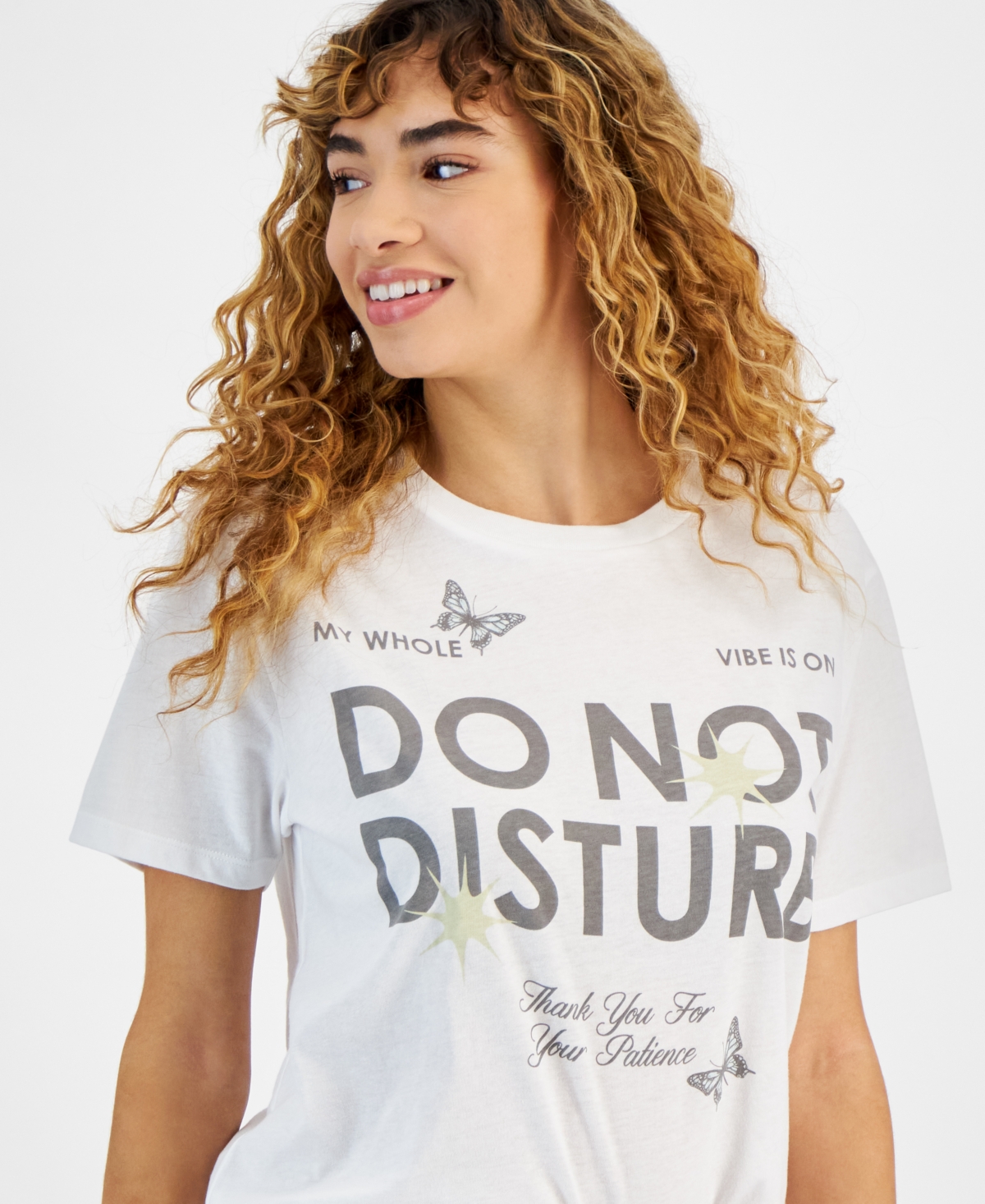 Love Tribe Juniors' Do Not Disturb Butterfly Graphic T-Shirt