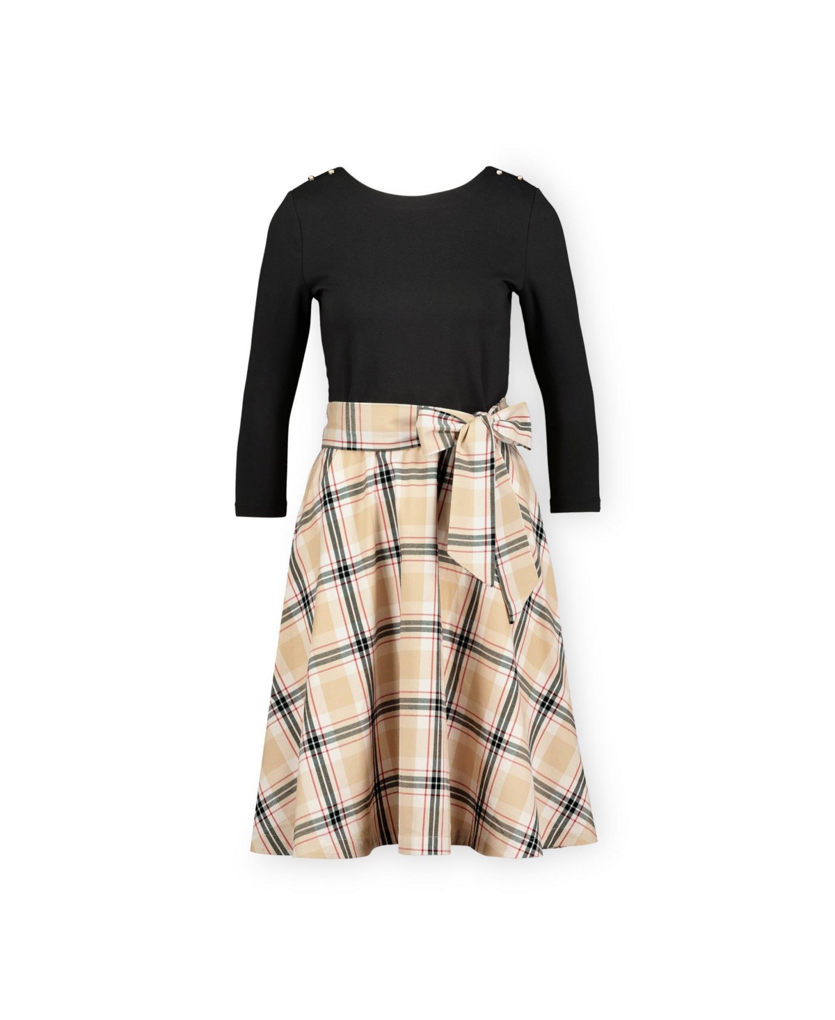 Hope & Henry Women's French Skater Dress - Black With Classic Tan Plaid