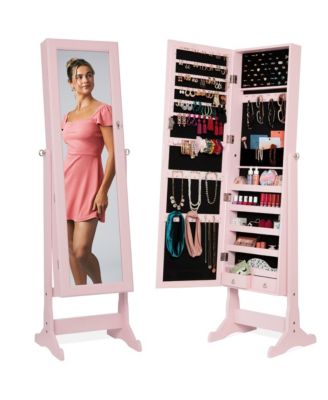 Jewelry Armoire Cabinet, Full Length Mirror w/ Velvet Storage Interior, Lock
