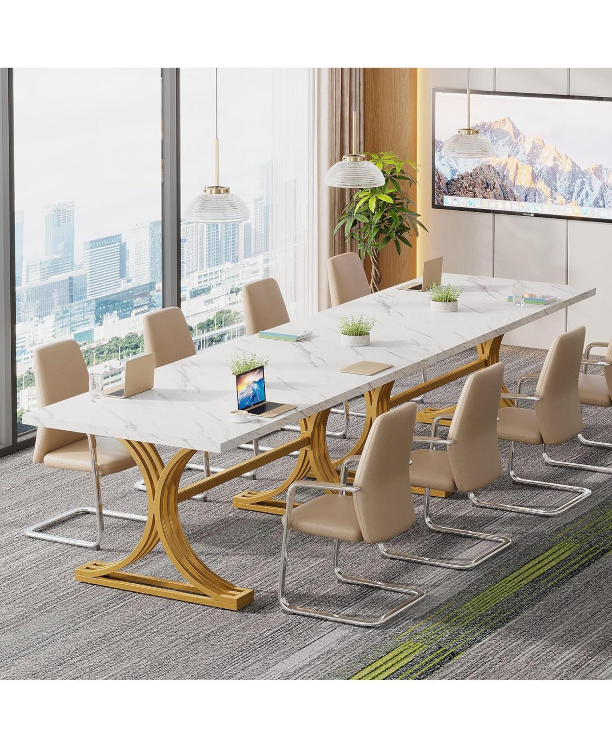 Tribesigns 2 Pcs Faux Marble Conference Table, 10.5FT Modern Meeting Table with Gold Legs for 8-10 People, Rectangle Seminar Boardroom Table for Offic
