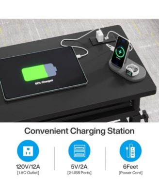 Small Portable Desk with Power Outlet, Height Adjustable Laptop Table with Wheels, Mobile Standing Computer Cart