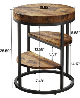 Round End Table, Small End Table with 3 Storage Shelves,Industrial Wooden Sofa Side Table, Rustic Brown Nightstand and Bedside Table