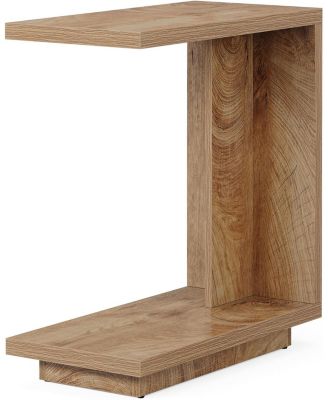 C-Shaped Side Table, 2-Tier Narrow End Table, Wood Bedside Table Nightstand for Bedroom, Industrial Sofa End Table for Living Room, Brown