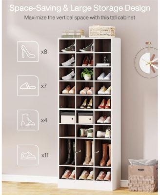 10-Tier Shoe Storage Cabinet, White and Brown Wooden Shoe Rack with 30 Cubbies, Freestanding Tall Entryway Shoe Organizer