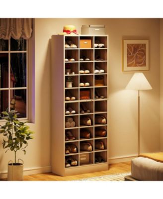 10-Tier Shoe Storage Cabinet, White and Brown Wooden Shoe Rack with 30 Cubbies, Freestanding Tall Entryway Shoe Organizer